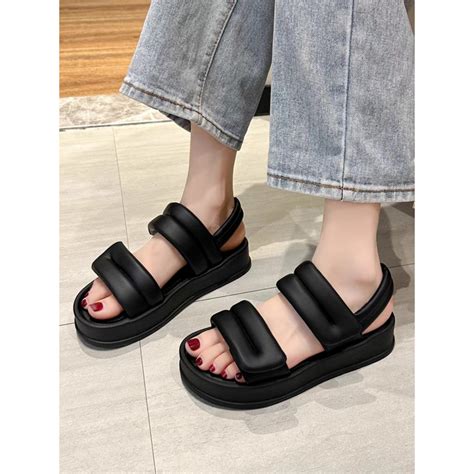 NOWSHIP SẴN GIày Sandal Nữ Xỏ Ngón Kẹp Quai Mảnh Ngang Đế Bằng Dày Cao hot trend mới đơn giản