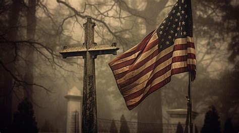 Premium AI Image | A cross and a cross in a cemetery with the american flag