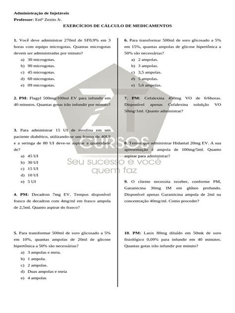Cálculos De Medicamentos Exercícios E Respostas - Exercícios de Cálculo de Medicamentos | PDF