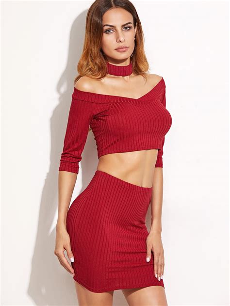 Off Shoulder Ribbed Knit T Shirt With Skirt Shein Sheinside