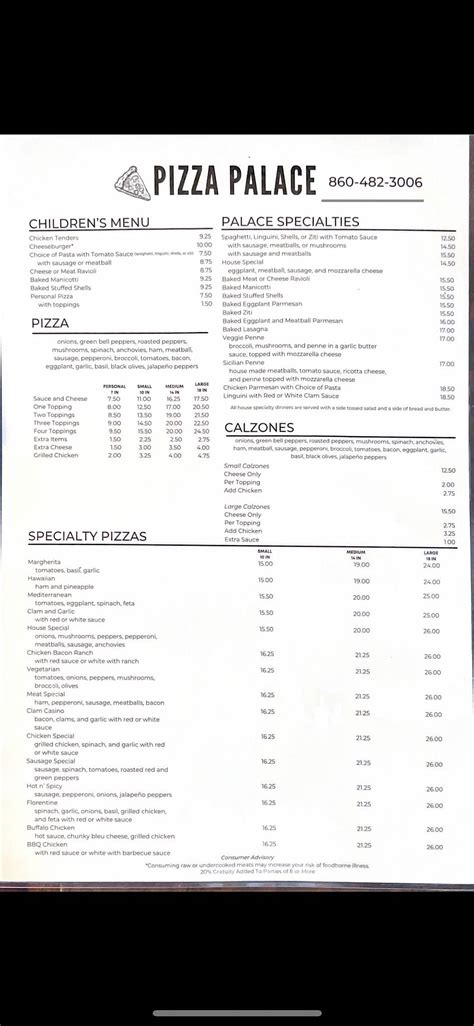 Menu At Pizza Palace Pizzeria Torrington