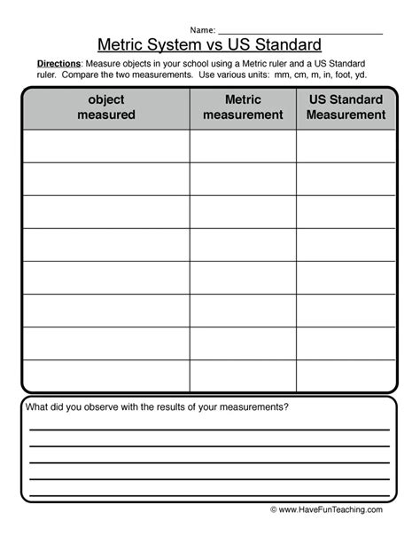 Metric System Vs Us Standard Measurement Worksheet By Teach Simple