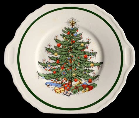 Christmas Tree Wide Green Band Square Handled Cake Plate By