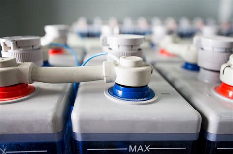Closeup View Of Electric Dc Battery In Row Accumulator Batteries ...