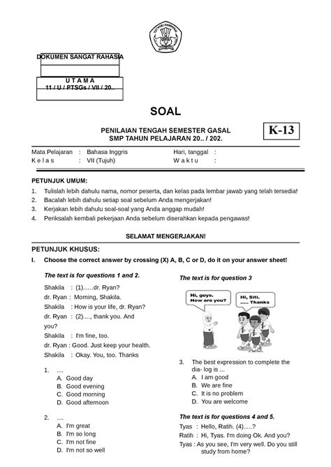 Soal Pts Gasal 7 Bahasa Inggris Dokumen Sangat Rahasia U T A M A 11 U Ptsgs Vii 20