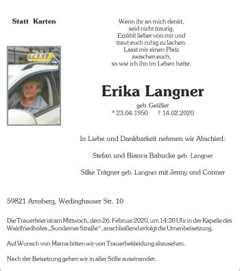 Traueranzeigen Von Erika Langner Trauer In NRW De