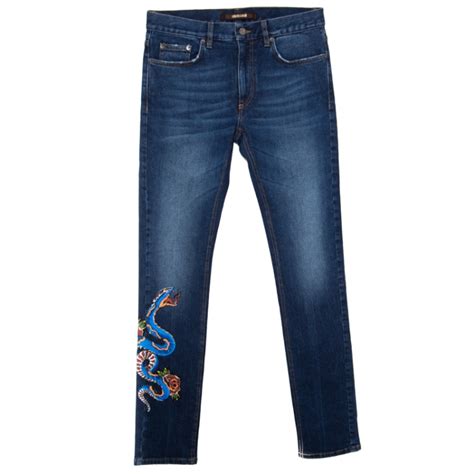 Roberto Cavalli Indigo Dark Wash Faded Effect Snake Painted Stretch ...