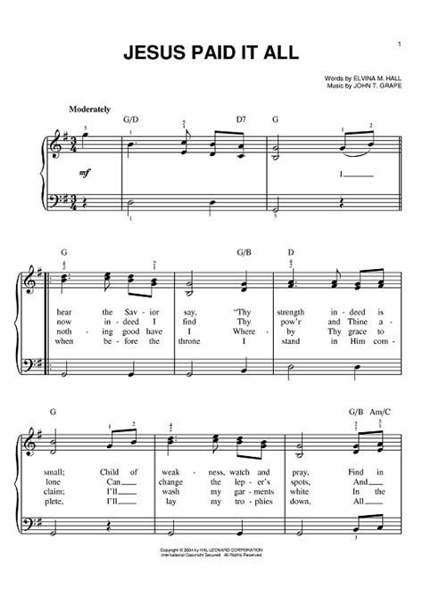 Jesus Paid It All Sheet Music By Elvina M Hall For Easy Piano Sheet