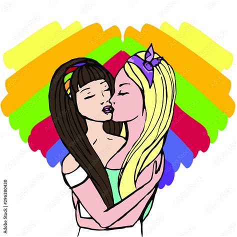 Lesbians Kissing Lgbt Flag Heart Shape Two Young Women Homosexual Lesbian Hugging And Kissing