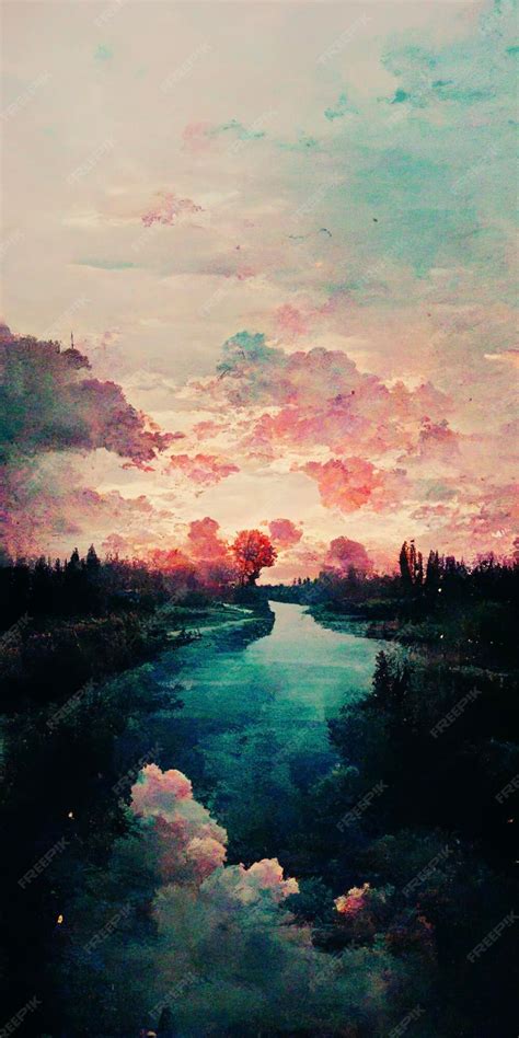 Premium AI Image | Painting of a sunset over a river