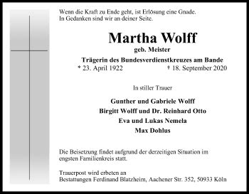 Traueranzeigen Von Martha Wolff WirTrauern