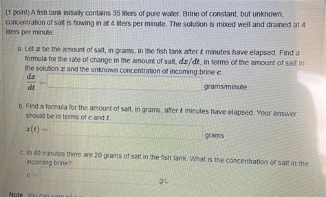 Solved Point A Fish Tank Initially Contains Liters Of Chegg