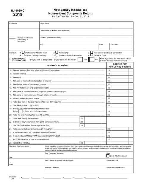 Fillable Online 2019 New Jersey Income Tax Nonresident Composite Return Form Nj 1080 C 2019