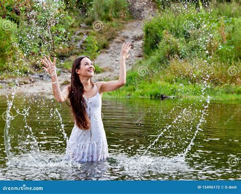 Young Woman In A River Stock Photo Image Of Spring Nature 15496172