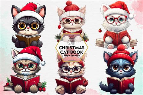 Christmas Cat Reading Book Clipart PNG Graphic By PIG Design Creative