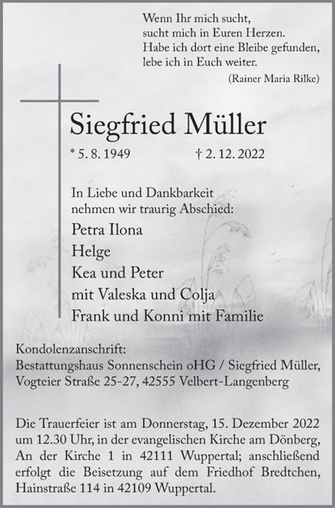 Traueranzeigen von Siegfried Müller Trauer in NRW de