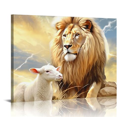 Florid Large Size Religious Artwork Jesus Lion And Lamb Canvas Painting Abstract Christ Cross