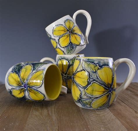 Stoneware Coffee Mug Yellow Flowers Pottery Painting Pottery Mugs