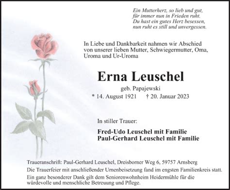 Traueranzeigen Von Erna Leuschel Trauer In Nrw De