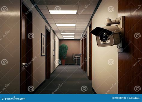 Security Camera In Office Hallway With View Of The Entrance And Exit