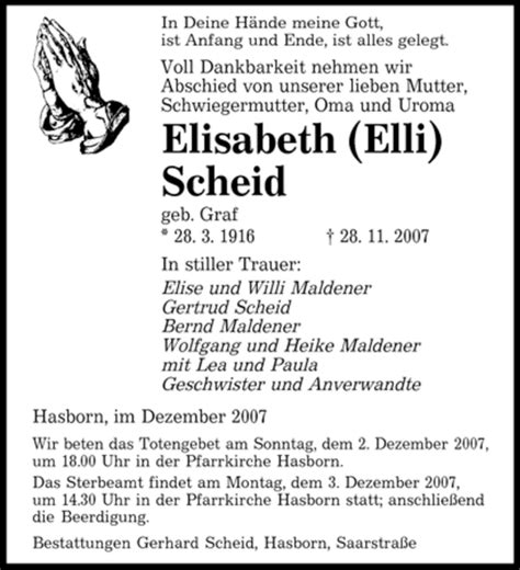 Traueranzeigen Von Elisabeth Scheid Saarbruecker Zeitung Trauer De