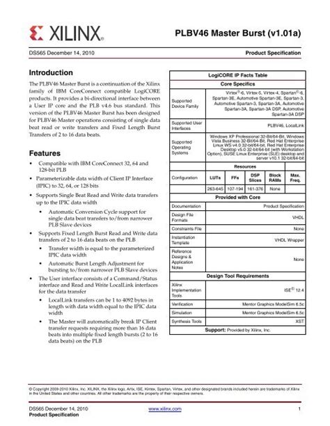 PLBV46 Master Burst V1 01a Data Sheet Xilinx