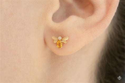 Boucles D Oreilles Abeille Pop Or Jaune 9 Carats Diamant Et Citrine