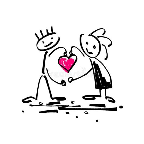 Sketch Doodle Human Stick Figure Couple In Love With A Heart Stock