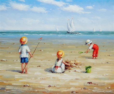 kids playing on beach Painting in Oil for Sale