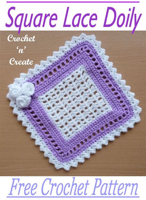 The Square Lace Doily Crochet Pattern Is Shown In Purple And White Colors