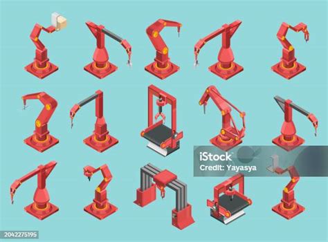 Set Isometrik Mesin Konveyor Merah Dan Abuabu Dengan Tangan Robot