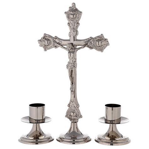 Completo D Altare Croce Candelieri Ottone Argentato Base Liscia