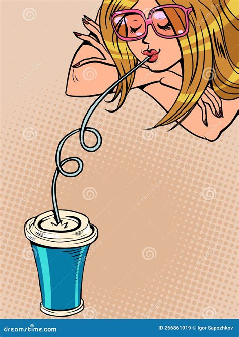 A Woman Drinks A Drink Through A Straw Refreshing Drink Cola Cocktail