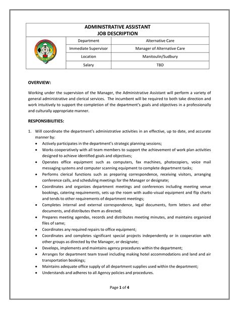 Administrative Job Description Template For Manager Department Agency Administrative