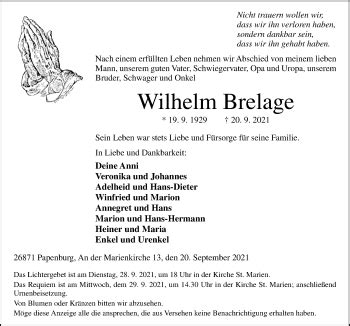 Traueranzeigen Von Wilhelm Brelage Noz Trauerportal