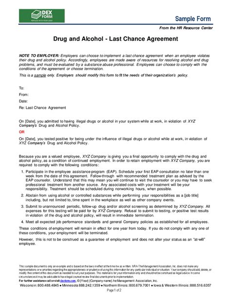 Drug And Alcohol Last Chance Agreement In Word And Pdf Formats