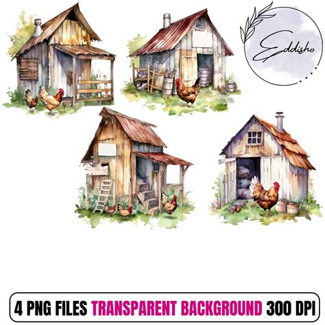 Chicken Coop Watercolor Farm Farmhouse Chicken Coop Clipart Etsy