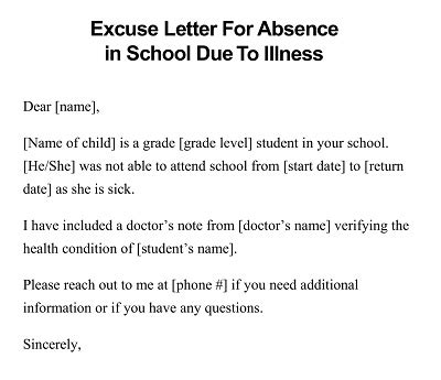 Excuse Letter For Being Absent In School Sample Letter Of Off