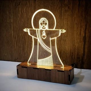 Lumin Ria D Led Acr Lico Abajur Cristo Jesus Base Em Madeira