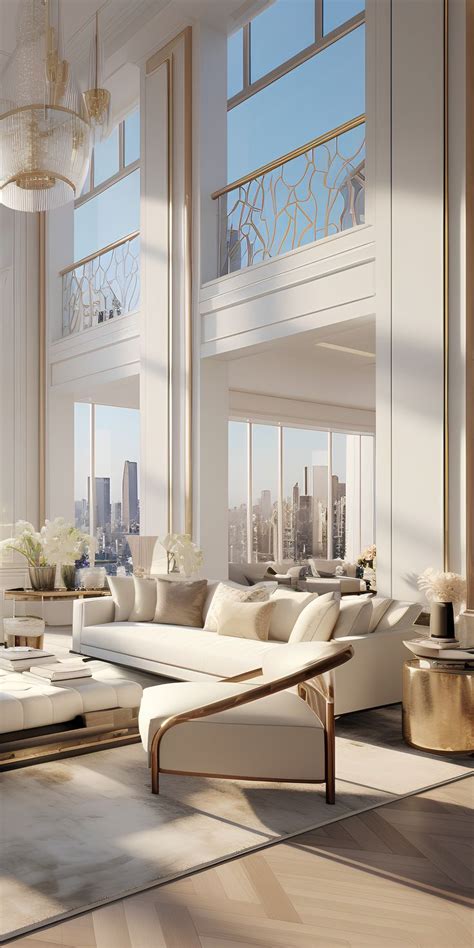 A Large Living Room With High Ceilings And Floor To Ceiling Windows