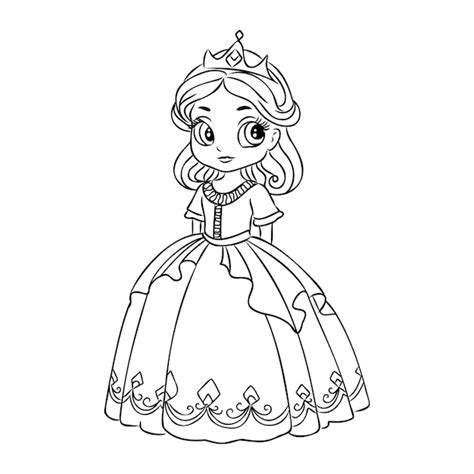 Linda garota de desenho animado vestido de baile e esboço de tiara para