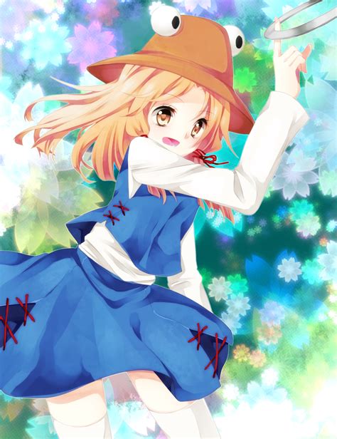Safebooru Arm Up Blonde Hair Blue Eyes Blush Floral Background Flower Hair Ribbon Hat Hiru