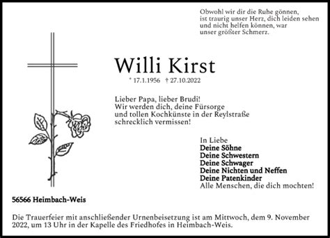 Traueranzeigen Von Willi Kirst Rz Trauer De