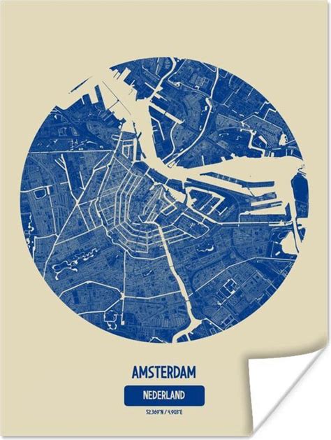 Poster Stadskaart Amsterdam Cirkel Blauw X Cm Plattegrond