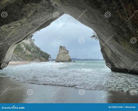 Beautiful View From The Cave At Cathedral Cove In New Zealand Stock