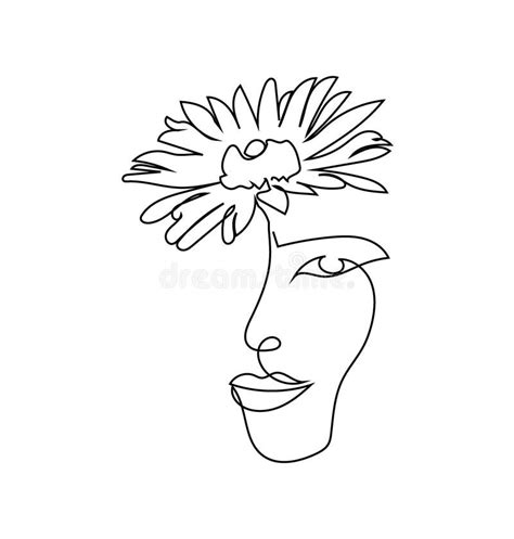 Female Face With Chamomile Daisy Continuous Line Drawing One Line Art