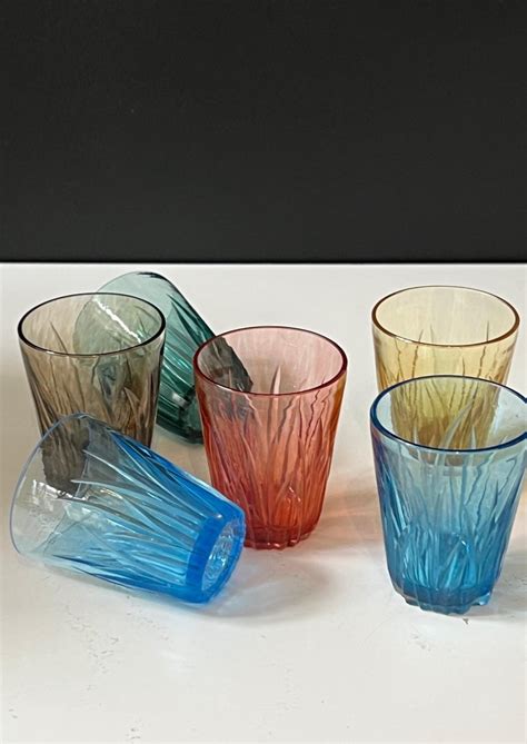 Set Of Six Mouth Blown Hand Carved Multi Color Shot Glasses For Sale At 1stdibs