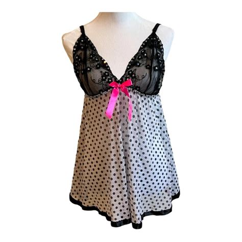 Intimates Sleepwear White Black Polka Dot Babydoll Lingerie Size Large Sequins Sheer Lace