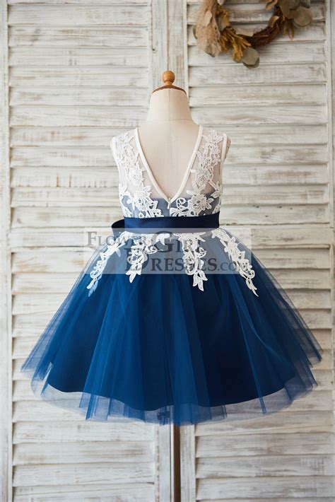 Princess Ivory Lace Navy Blue Tulle V Back Wedding Flower Girl Dress