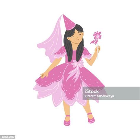 Princess In Pink Dress With Hat And Veil Romantic Fairy With Magic Wand